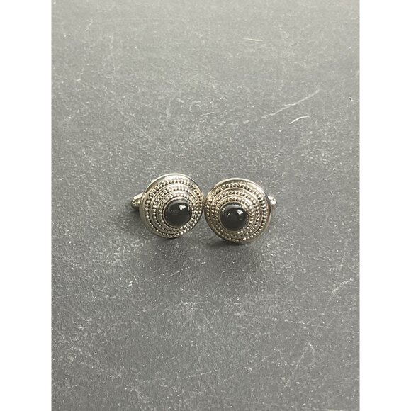 Silver Tone Black Onyx Round Cufflinks - Picture 1 of 4